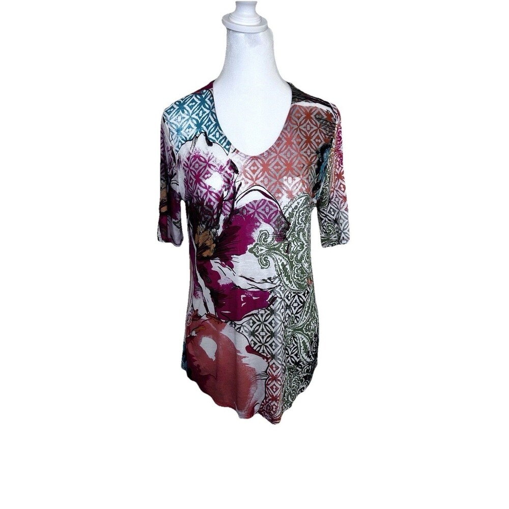 Chico’s Women’s Multicolor Floral Print Pullover Blouse Short Sleeves Size 0